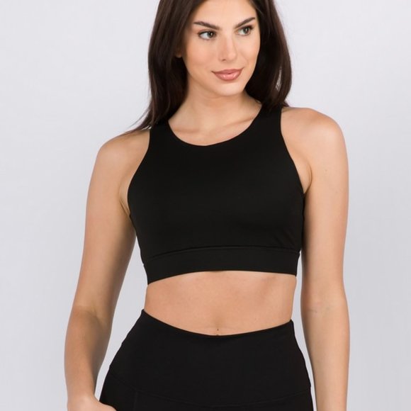 Lattice Open Back Activewear Sports Bra Strappy Back Plain Black Athletic - Picture 2 of 4